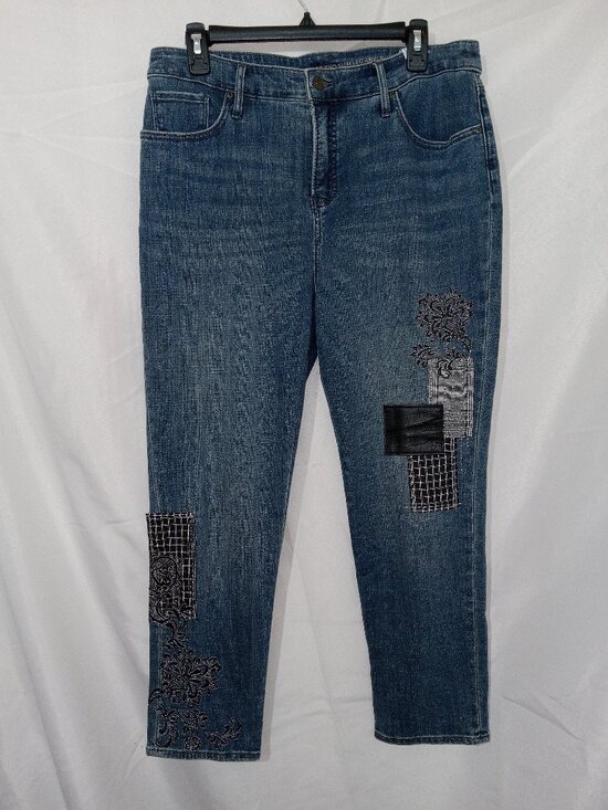 Chico's Denim - Chico's So Slimming Girlfriend Slim Leg Ankle Jeans Embroidered Patchwork Sz 10